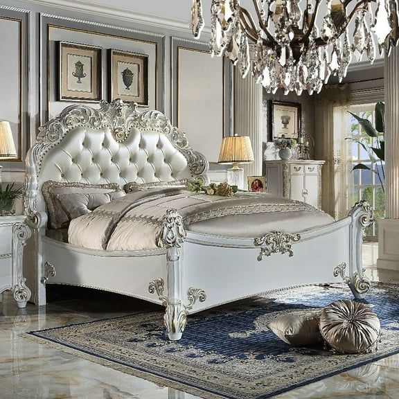 Acme Vendome California King Size Traditional Synthetic Leather Platform Bed, Antique Pearl Finish