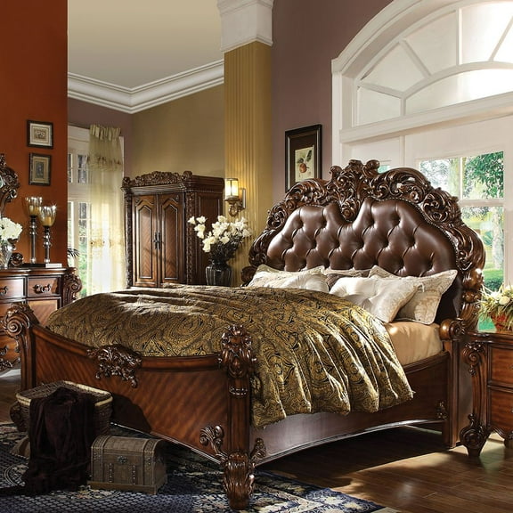 Acme Vendome Eastern King Bed, Synthetic Leather & Cherry, Wood, Poly Resin, Upholstered