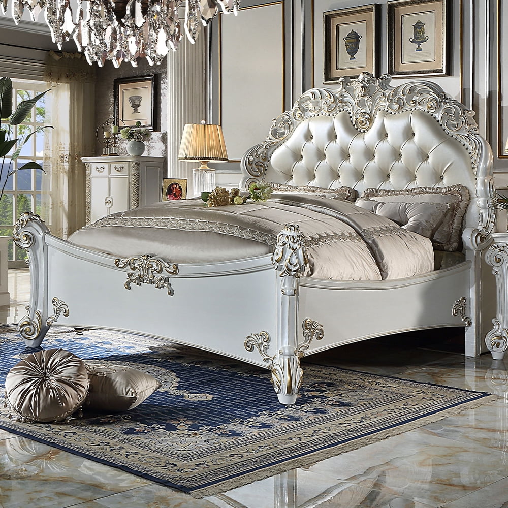 Vendome Queen Bed with Antique Pearl Finish and Tufted Upholstery
