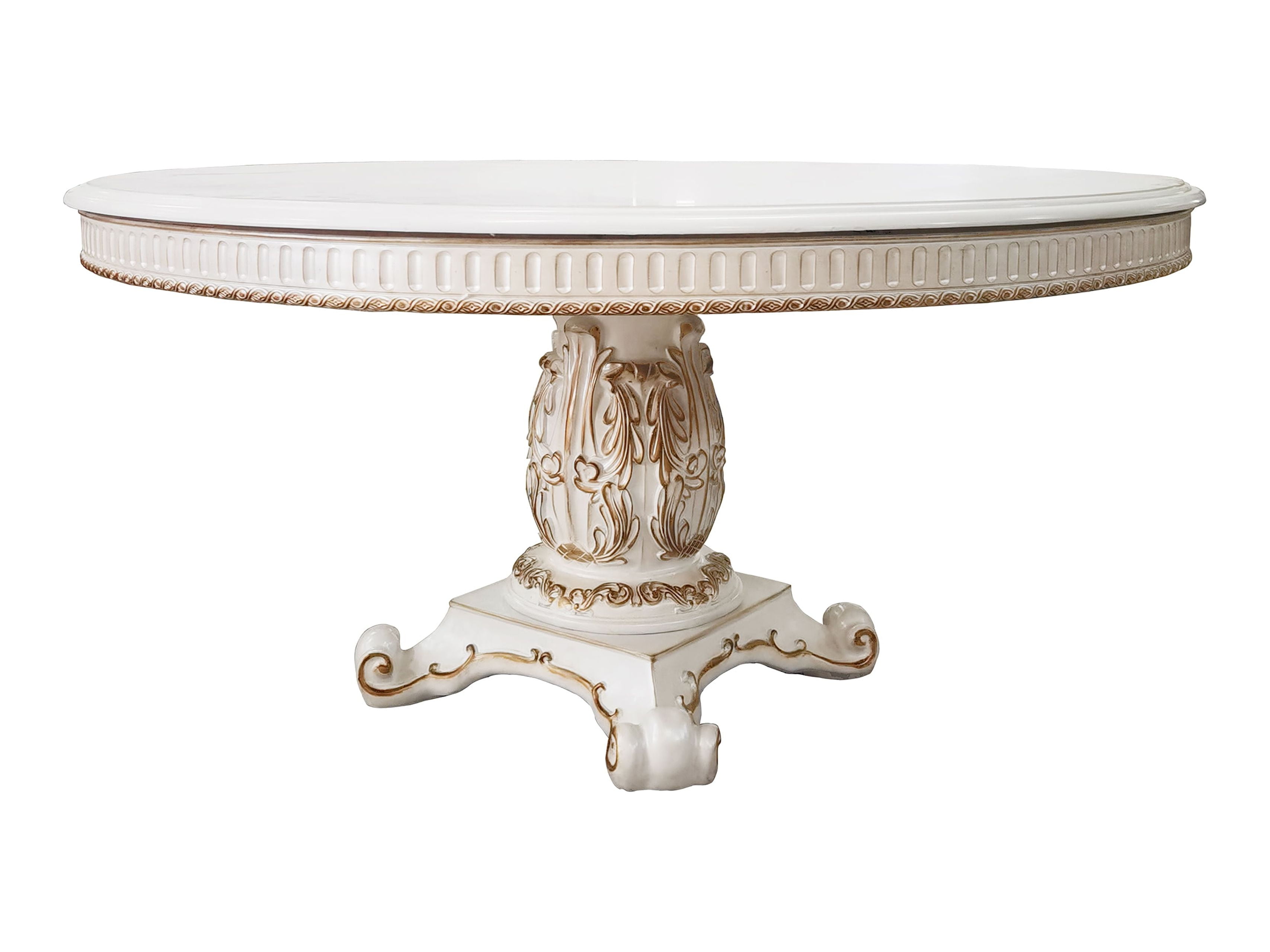 Antique Pearl Finish Round Wooden Dining Table with Pedestal Base