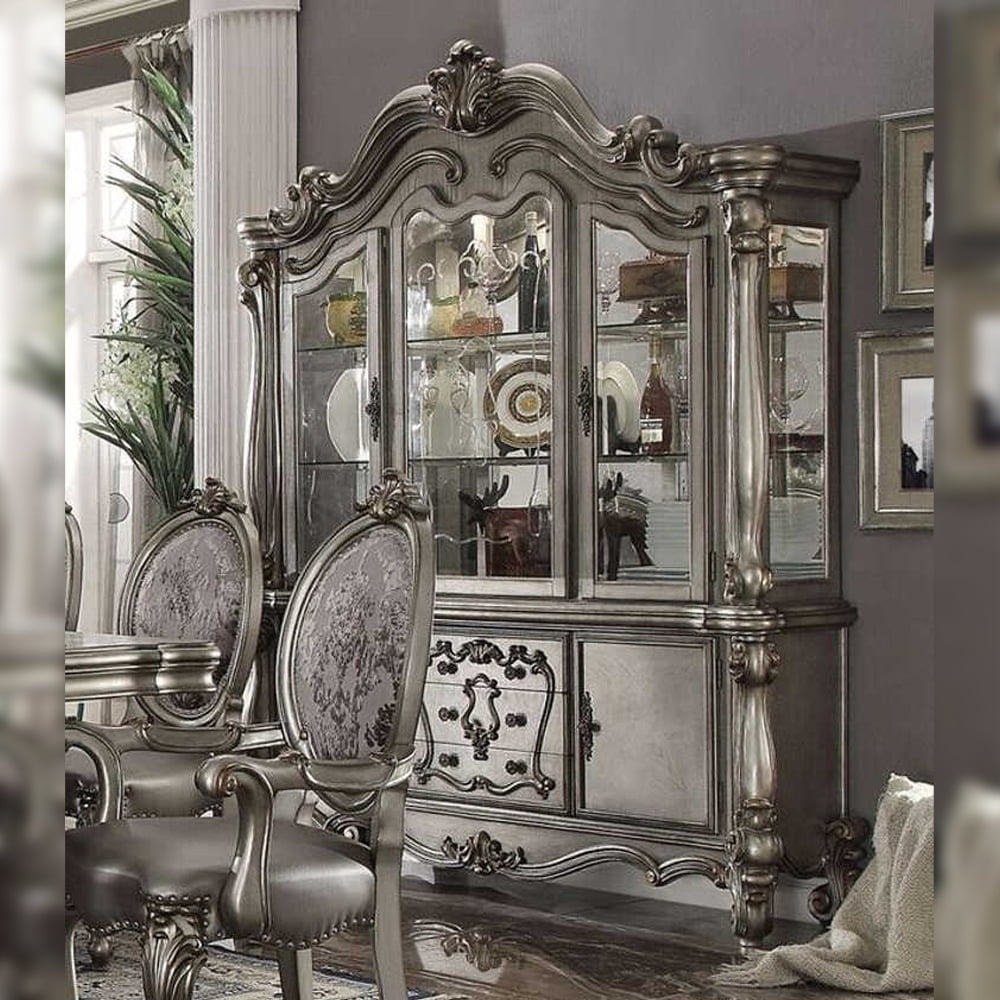 Antique Platinum Lighted China Cabinet with Glass Doors