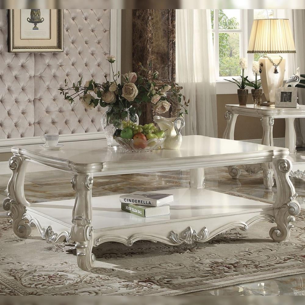 Bone White Rectangular Wood Coffee Table with Poly-Resin Accents