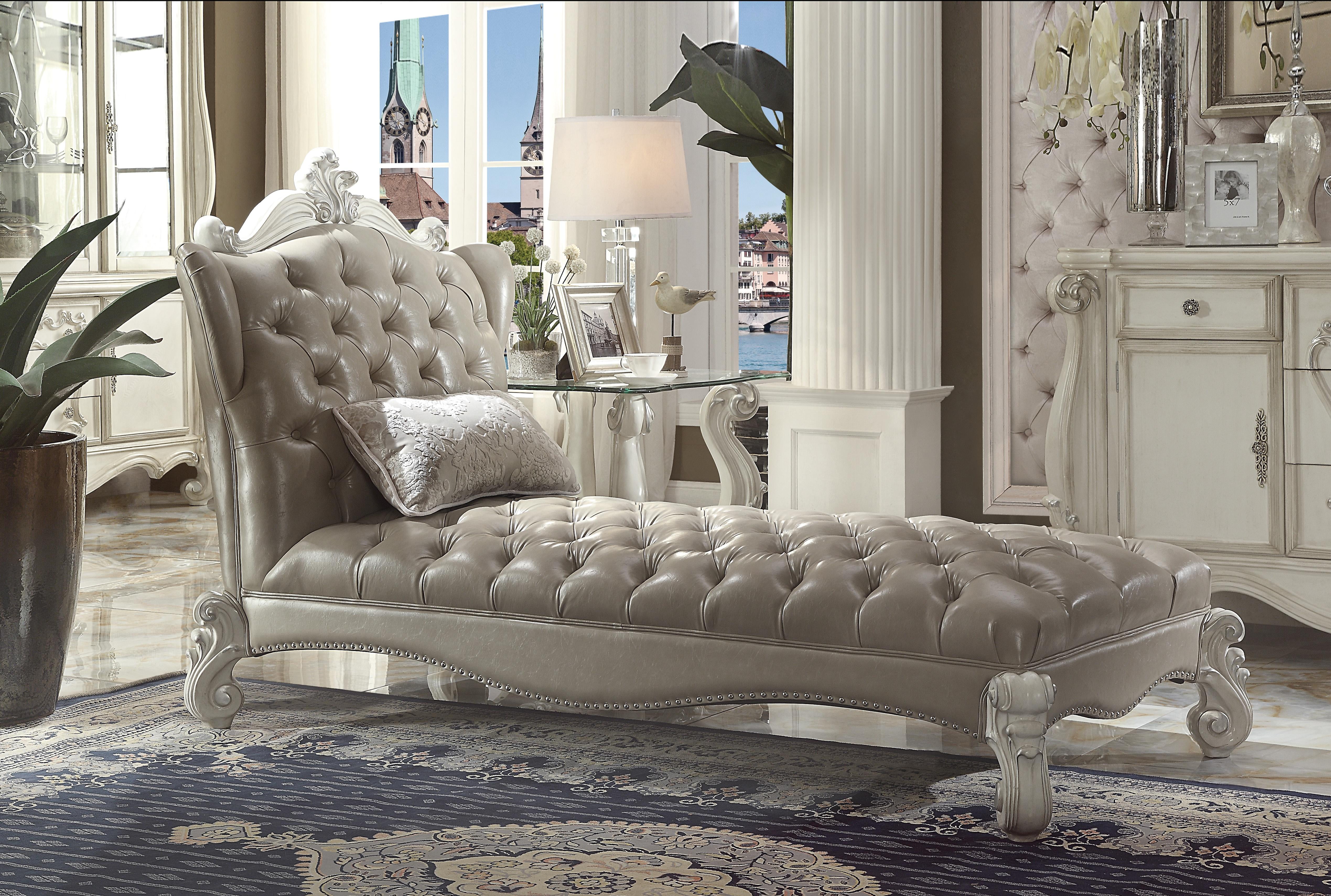 Vintage Gray Faux Leather Chaise with Bone White Wood Frame