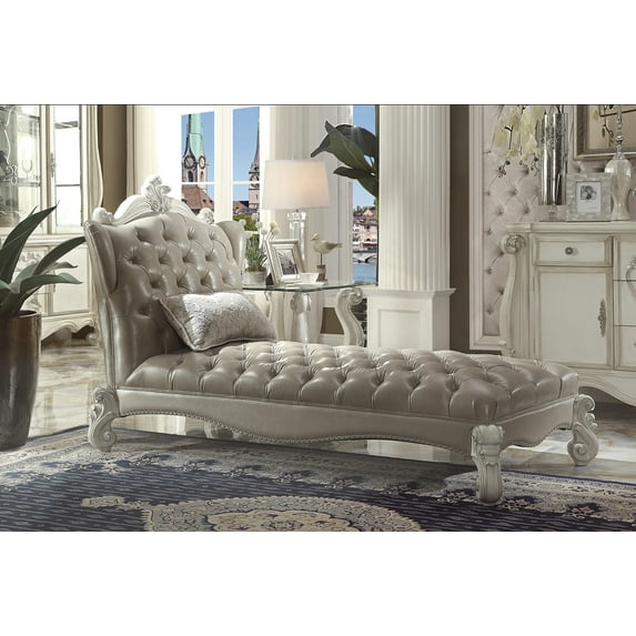 ACME Versailles Chaise w/Pillow in Vintage Gray Synthetic Leather & Bone White