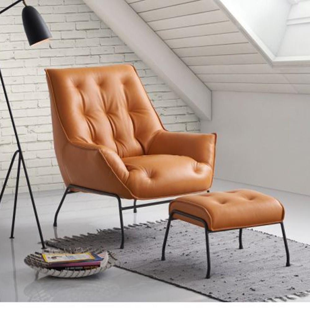 Sandstone Top Grain Leather Accent Chair with Ottoman and Metal Frame