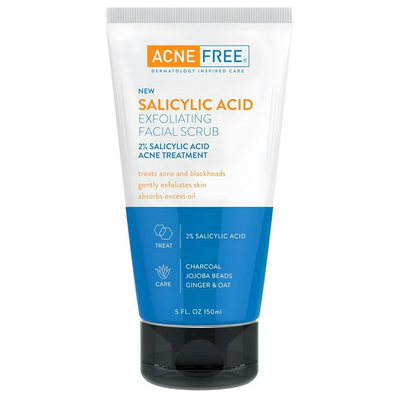Acne Free Salicylic Acid Exfoliating Face Scrub with 2% Salicylic Acid, Charcoal, Jojoba Beads, Ginger, and Oats, 5 Ounce