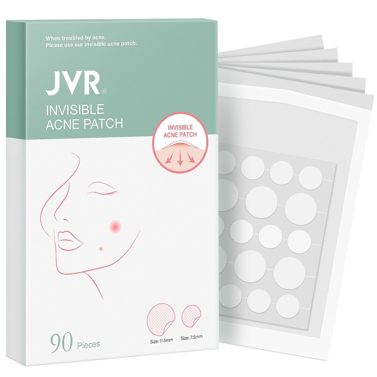 Acne Patches 90 Patches (2 Sizes) JVR Acne Medical-Grade Hydrocolloid Acne Patches for Face Invisible Pimple Patches Sticker with Absorbing Cover for Acne Treatment for All Skin Types
