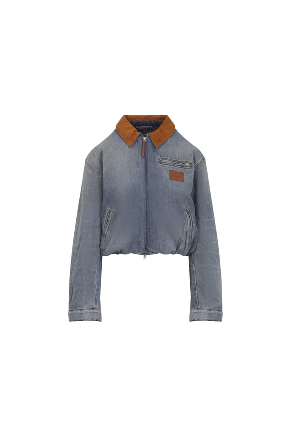 Cropped Denim Jacket With Suede Collar And Elastic Hem (Women's)
