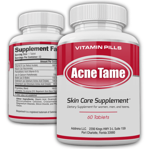 Acne-Tame Vitamin Supplement | Natural Acne Pill Helps Oily Skin with Vitamin B5, Vitamin A, Selenium & L-Cysteine, 60 Count tablets