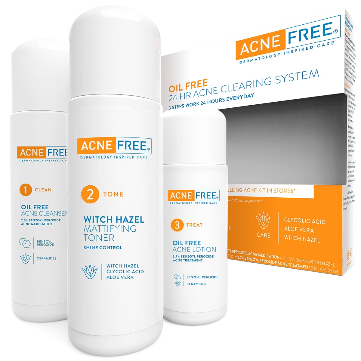 AcneFree Oil Free 24 HR Acne Treatment Kit, 3 Step Acne Clearing System