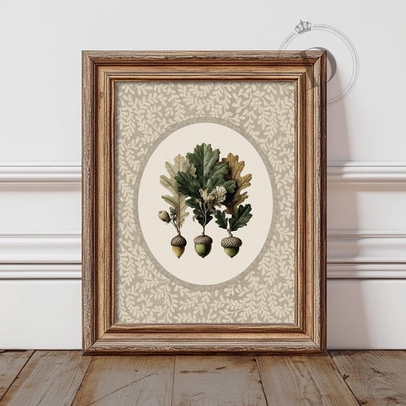 Acorn Autumn Wall Art Print, Vintage Oak Leaf Botanical Decor