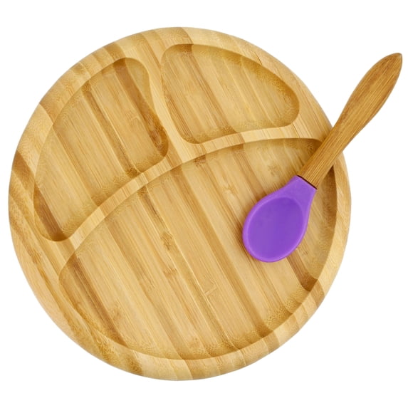 Acorn Baby Bamboo Toddler Plates with Spoon in Purple - Baby Plates with Suction