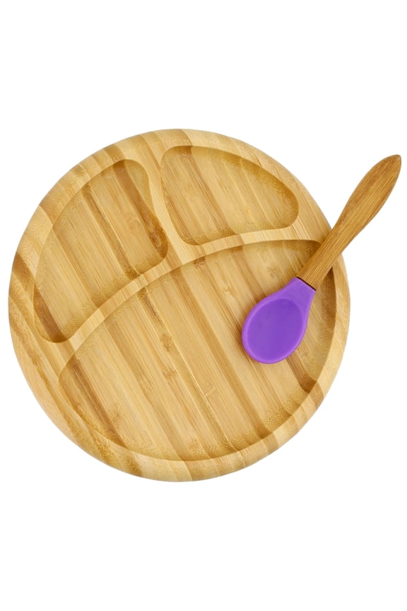 Bamboo Toddler Plates with Spoon in Purple - Baby Plates with Suction