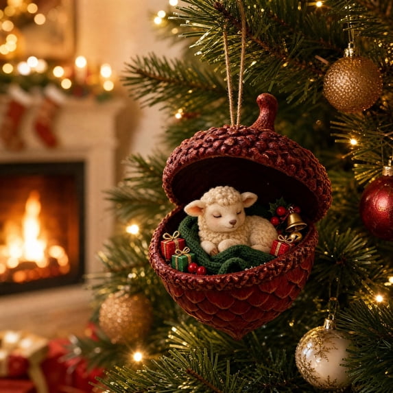 Acorn Christmas Ornament with Sheep Figurine Inside, Hard Shell Hanging ...