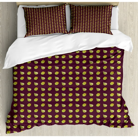 Acorn Duvet Cover Set Queen Size, Leaves and Acorns Pattern Hand Drawn Illustration of Fall Elements, Decorative 3 Piece Bedding Set with 2 Pillow Shams, Eggplant Green Pale Brown, by Ambesonne