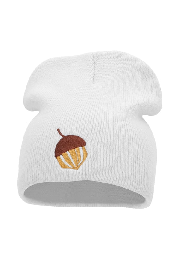 Acorn Embroidered 8 Inch Knitted Short Beanie - White OSFM
