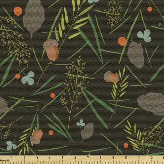 Acorn Fabric by the Yard, Forest Cones Fir Needles and Leaves on Brown Toned Background Digital Illustration, Decorative Upholstery Fabric for Chairs & Home Accents, 5 Yards, Multicolor by Ambesonne