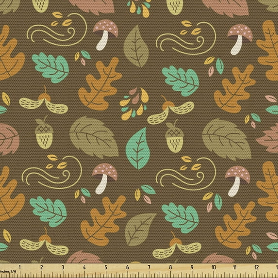 Ambesonne Acorn Fabric by the Yard Upholstery, Ornamental Fall Season, 1 Yard, Multicolor