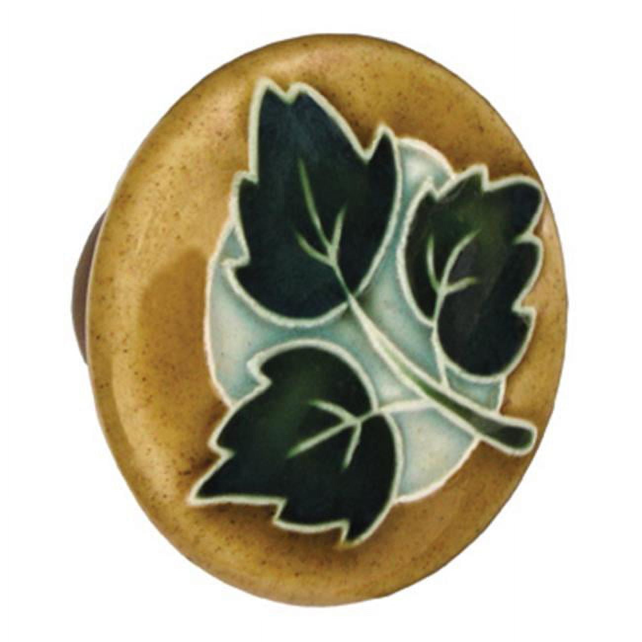Large Round Tan Ceramic Knob with Green Leaf Design