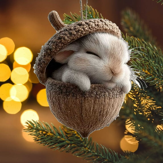 Acorn Ornament Forest Animal Decor Woodland Christmas Decoration Sleeping Animal Figurine Natural Tone Ornament for Christmas Tree Garland Wreath Tabletop Display 4 Inches