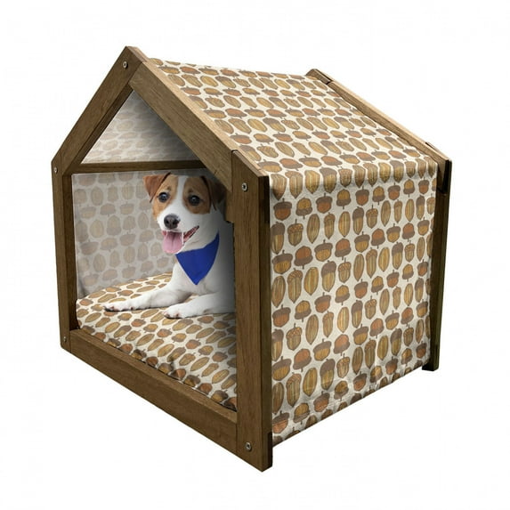 Acorn Pet House, Hand Drawn Oak Pattern with Stripes and Dots Autumn Elements, Outdoor & Indoor Portable Dog Kennel with Pillow and Cover, 5 Sizes, Pale Orange Orange, by Ambesonne