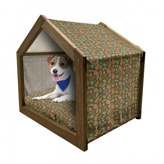 Acorn Pet House, Oak Leaves Acorns and Mushroom in Earthy Colors Ornamental Repeating Autumn Pattern, Outdoor & Indoor Portable Dog Kennel with Pillow and Cover, 5 Sizes, Multicolor, by Ambesonne