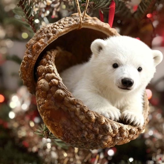 Acorn Polar Bear Christmas Ornament, Festive Hanging Charm for Xmas Tree, Holiday Party Winter Home Decor Gift