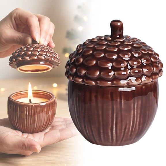 Acorn Shaped Candle Jar, 2.56X3.35" Ceramic Scented Candle Holder with Lid, Fall Harvest Acorn Candle Container, Decorative Lidded Candle Vessel, Rustic Acorn Storage Jar, Autumn Candle Making Cup