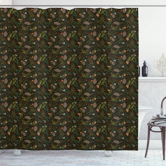 Acorn Shower Curtain, Forest Cones Fir Needles and Leaves on Brown Toned Background Digital Illustration, Fabric Bathroom Set with Hooks, 69W X 70L Inches, Multicolor, by Ambesonne