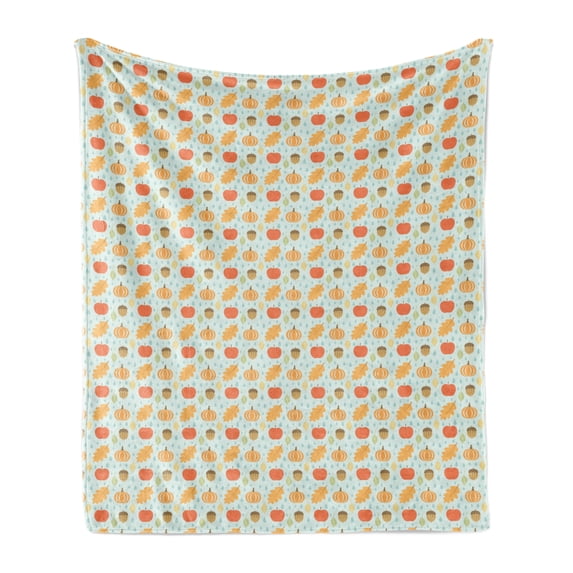 Acorn Soft Flannel Fleece Blanket, Flat Art Inspired Doodle Acorns Leaves Pumpkin and Apples on Raindrop Shapes Pattern, Cozy Plush for Indoor and Outdoor Use, 50" x 70", Multicolor, by Ambesonne