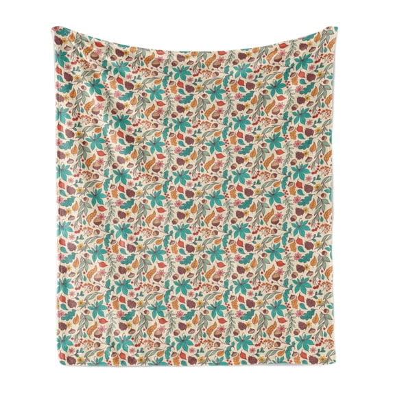 Acorn Soft Flannel Fleece Blanket, Seasonal Nuts Flowers and Berries Ornamental Composition Plants Pattern Fall Foliage, Cozy Plush for Indoor and Outdoor Use, 50" x 70", Multicolor, by Ambesonne