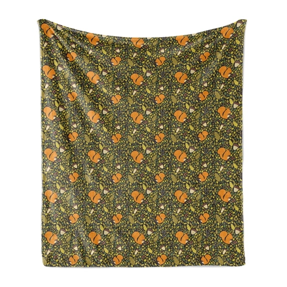 Acorn Soft Flannel Fleece Throw Blanket, Fallen Autumn Leaves Concept Squirrels in Peaceful Nature, Cozy Plush for Indoor and Outdoor Use, 60" x 80", Multicolor, by Ambesonne