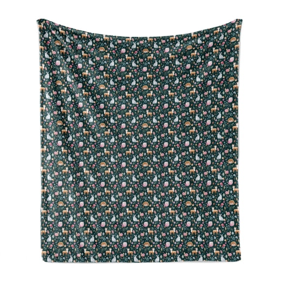 Acorn Soft Flannel Fleece Throw Blanket, Woodland Nature Illustration Mushroom Nuts Deer and Owl on Dark Green Background, Cozy Plush for Indoor and Outdoor Use, 60" x 80", Multicolor, by Ambesonne