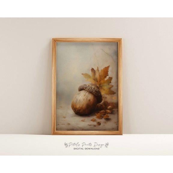 Acorn Still Life Wall Art Print, Vintage Fall Decor