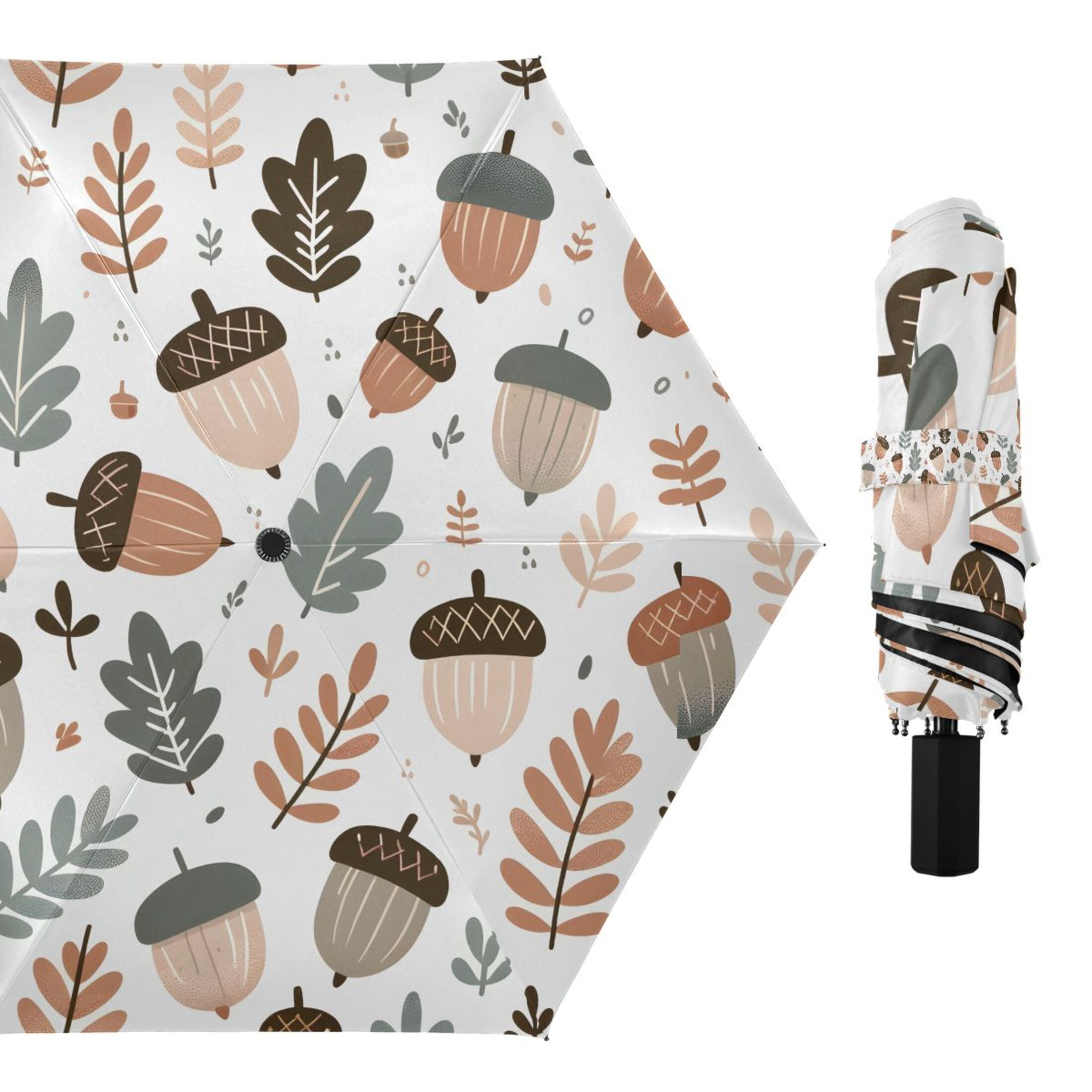 Acorn and Leaves Compact Sun Umbrella Windproof Travel Umbrellas for Rain Strong Portable UV Protection