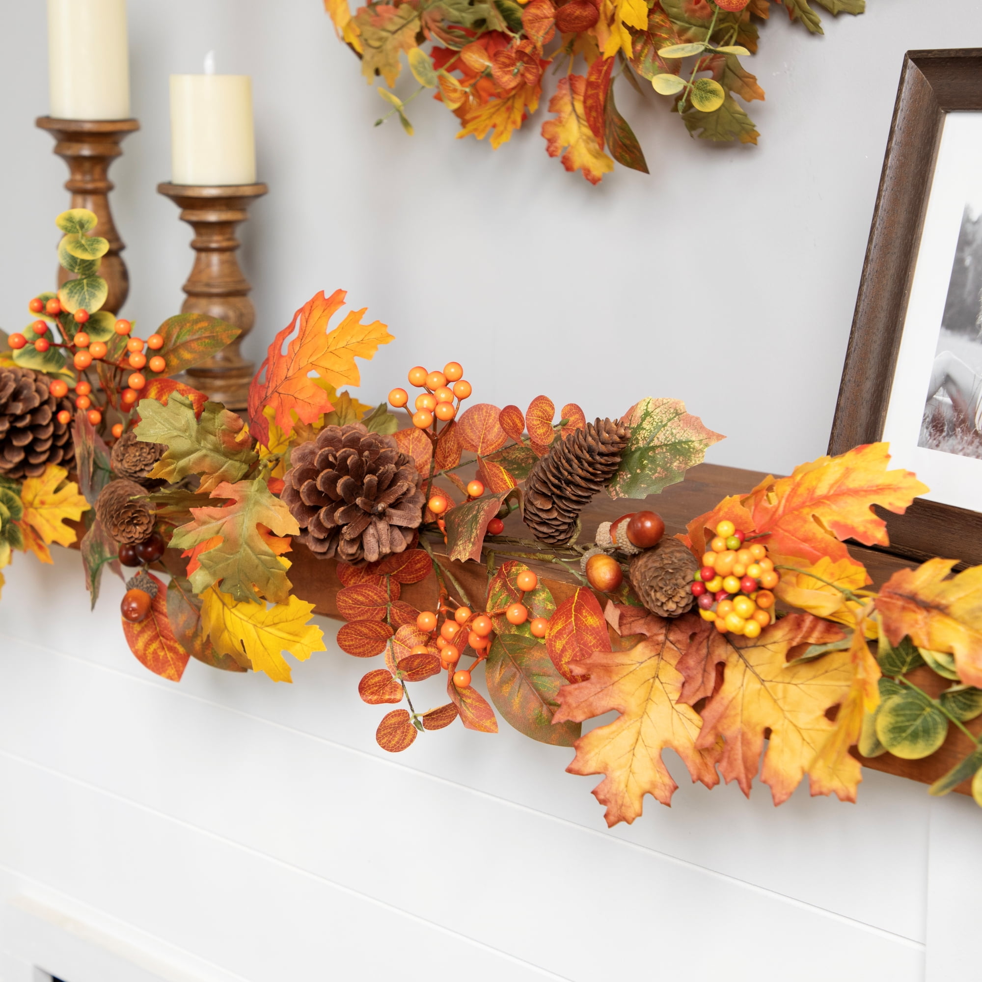Acorns Pinecones and Mixed Autumn Foliage Artificial Fall Harvest Garland - 5' x 8"