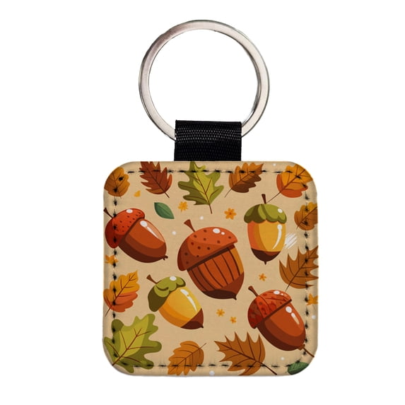 Acorns Scattered Fall Autumn Faux Leather Square Keychain
