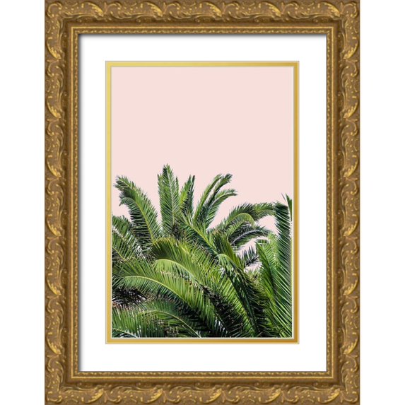 Acosta 11x14 Gold Ornate Wood Framed with Double Matting Museum Art Print Titled - Tropical Leaves on Blush II
