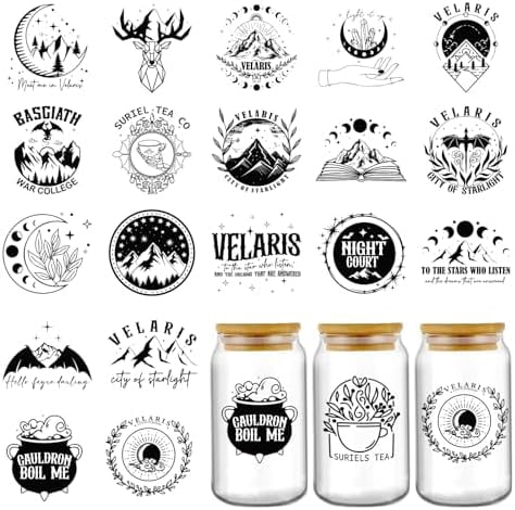 Acotar Merchandise UV DTF Stickers - 20 Sheets Black Acotar Uvdtf Cup Wraps for 16 20 40 oz Glass Water Bottle, Velaris Elk Dragon Waterproof Transfer Sticker Decals DIY Mug Craft Decoration