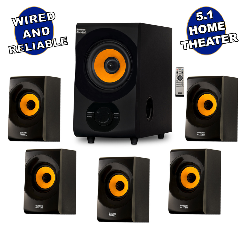 Acoustic Audio AA5170 700W Bluetooth Home Theater 5.1 Speaker System with FM Tuner, USB, SD Card, Remote Control, Powered Sub (6 Speakers, 5.1 Channels, Black with Gold) - image 1 of 7