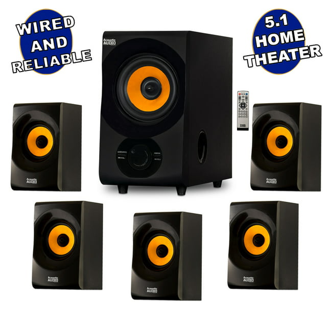 Acoustic Audio AA5170 700W Bluetooth Home Theater 5.1 Speaker System with FM Tuner, USB, SD Card, Remote Control, Powered Sub (6 Speakers, 5.1 Channels, Black with Gold)