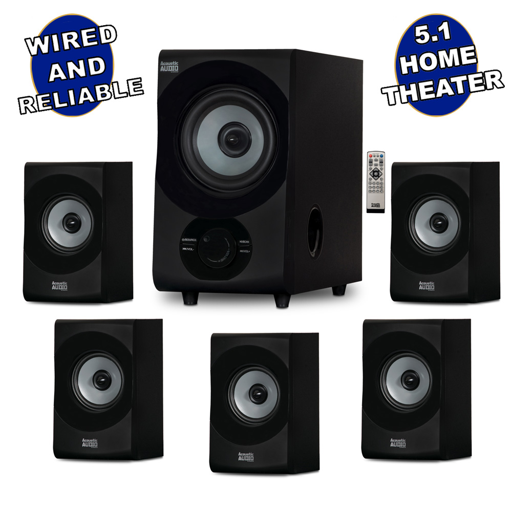 Acoustic Audio AA5172 700W Bluetooth Home Theater 5.1 Speaker System with FM Tuner, USB, SD Card, Remote Control, Powered Sub (6 Speakers, 5.1 Channels, Black with Gray) - image 1 of 7