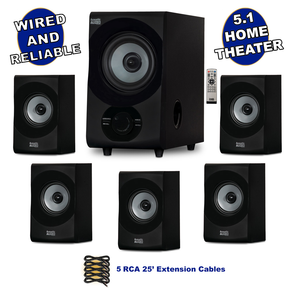Acoustic Audio AA5172 Home Theater 5.1 Bluetooth Speaker System with USB and 5 Extension Cables - image 1 of 7