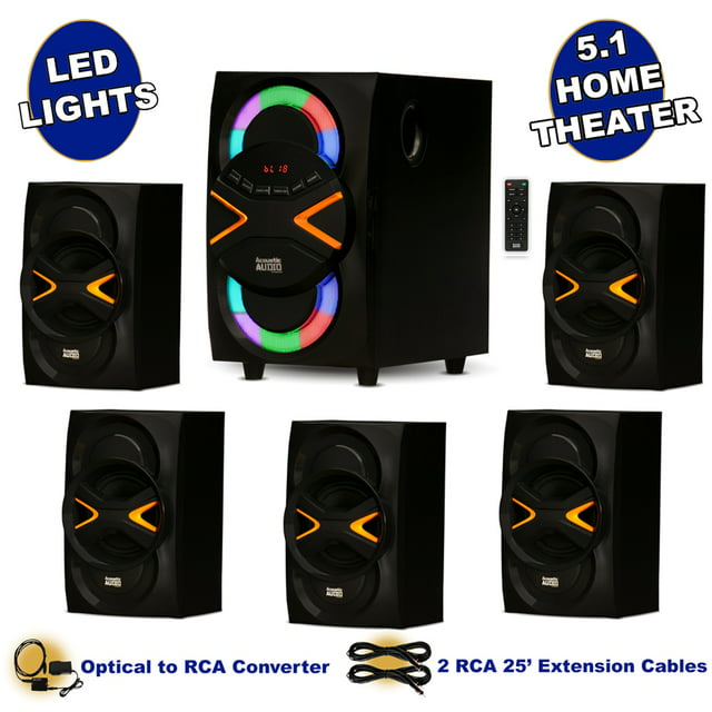 Acoustic Audio AA5210 Home 5.1 Speaker System with Bluetooth LED Lights Optical Input and 2 Ext. Cables