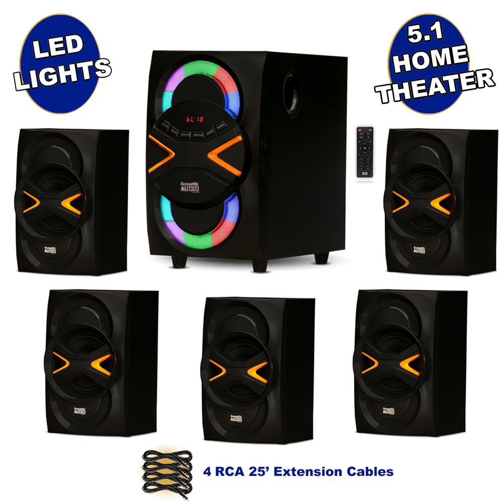 Acoustic Audio AA5210 Home Theater 5.1 Speaker System with Bluetooth LED Lights and 4 Extension Cables - image 1 of 7