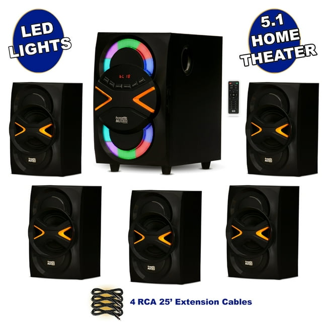 Acoustic Audio AA5210 Home Theater 5.1 Speaker System with Bluetooth LED Lights and 4 Extension Cables