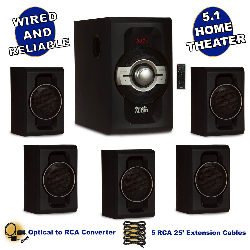 Acoustic Audio AA5240 Home Theater 5.1 Bluetooth Speaker System with Optical Input and 5 Extension Cables - image 1 of 7