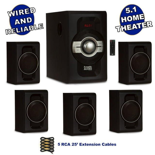 Acoustic Audio AA5240 Home Theater 5.1 Bluetooth Speaker System with USB and 5 Extension Cables