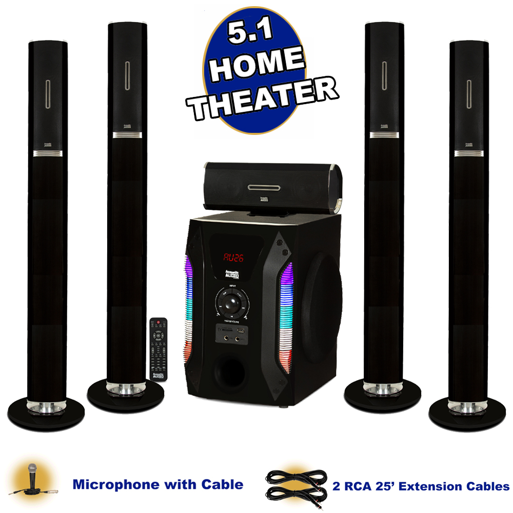 Acoustic Audio AAT1002 Bluetooth Tower 5.1 Speaker System with Mic Powered Sub and 2 Extension Cables - image 1 of 7