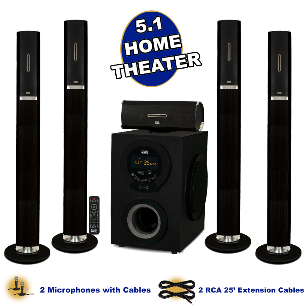 Acoustic Audio AAT3002 Tower 5.1 Bluetooth Speaker System with Microphones and 2 Extension Cables - image 1 of 7
